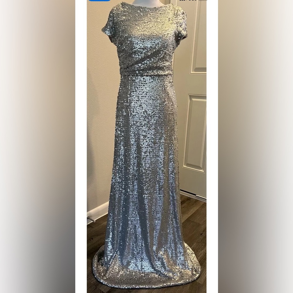 Adrianna Papell Silver Space Halloween Sequin Mesh Cocktail Prom Party Dress 10
